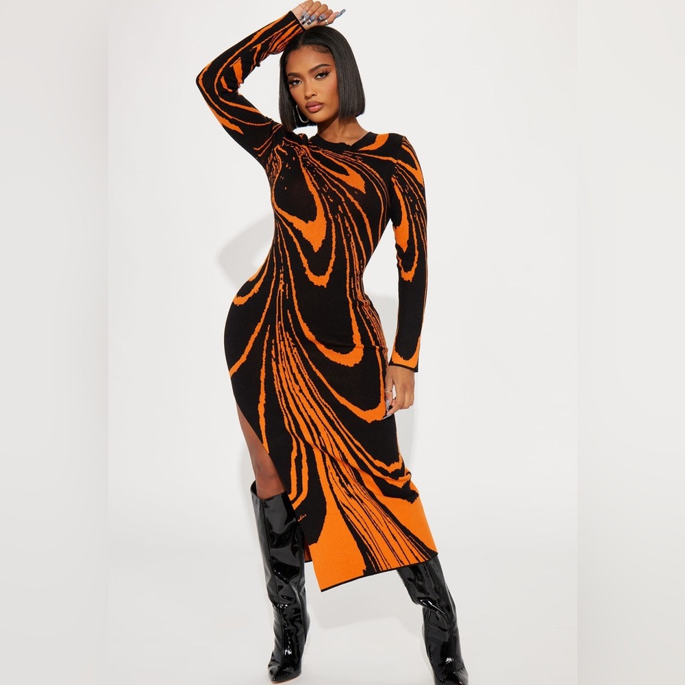 Fashion Nova Black and Orange Patterned Long Sleeve Sweater Dress